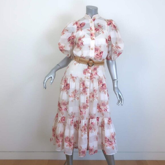 Zimmermann Dresses & Skirts - Zimmermann Rosa Striped Belted Tiered Midi Dress Cream Floral Print Size 0